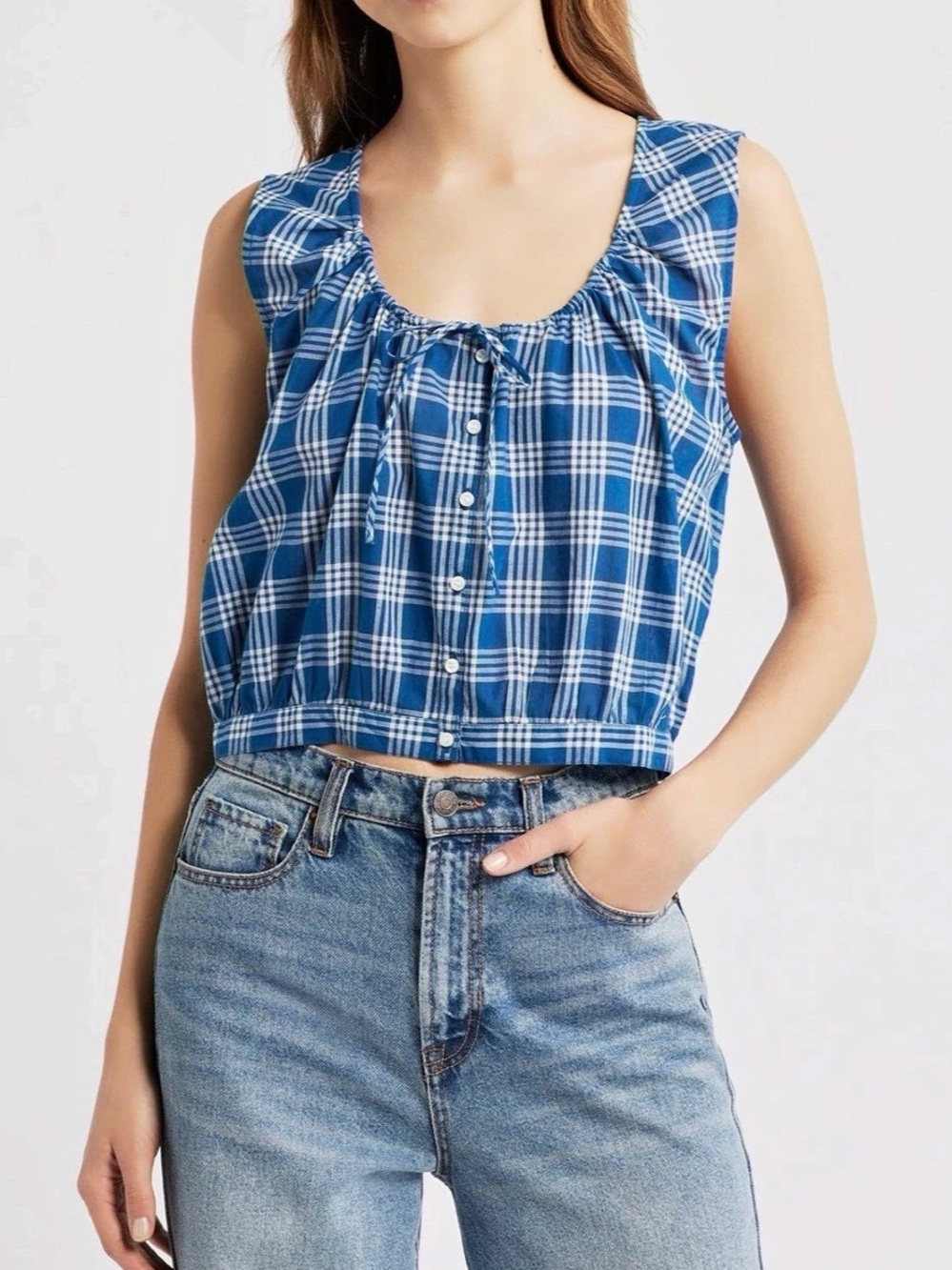 DOEN Theo Plaid Organic Tank Top in Blue & White Size Large NWT
